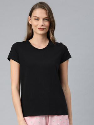 VAN HEUSEN Solid Women Round Neck Black T-Shirt