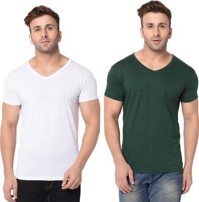Tresna Fab Solid Men V Neck Dark Green, White T-Shirt