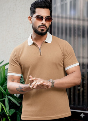 CrisPet Self Design Men Polo Neck Brown T-Shirt