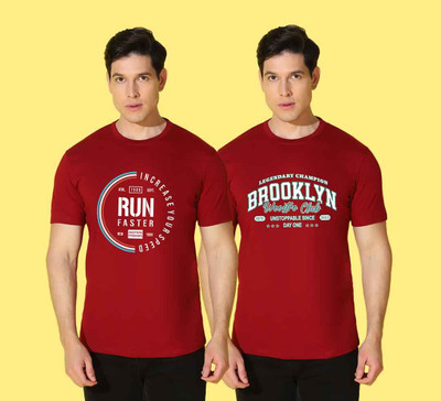 WOOSTRO Printed Men Round Neck Maroon T-Shirt