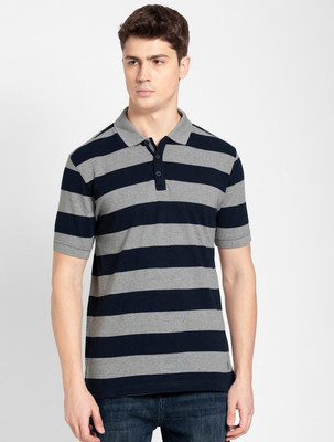 JOCKEY Striped Men Polo Neck Grey T-Shirt