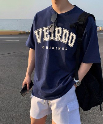 Veirdo Printed, Typography Men Round Neck Navy Blue T-Shirt