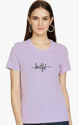 Prakash Typography Women Round Neck Purple T-Shirt