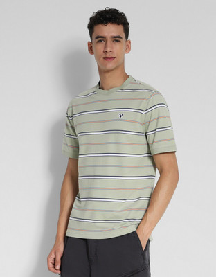 American Eagle Striped Men Round Neck Green T-Shirt