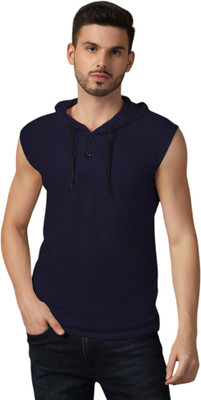GEUM Solid Men Hooded Neck Navy Blue T-Shirt
