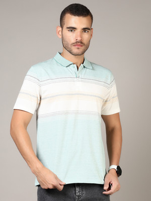 V-MART Striped Men Polo Neck Green, Beige T-Shirt