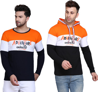 SLOWLORIS Printed Men Hooded Neck Orange T-Shirt