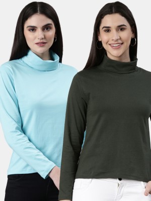 Kryptic Solid Women High Neck Light Green T-Shirt