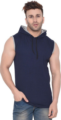 GEUM Solid Men Hooded Neck Dark Blue T-Shirt