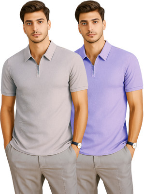 RMLKN Self Design Men Zip Neck Grey, Purple T-Shirt