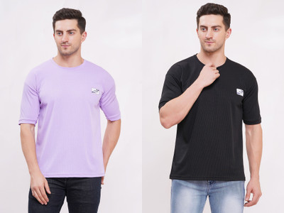 Pavis Printed Men Round Neck Purple, Black T-Shirt