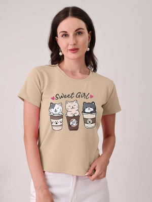 Moda Rapido Printed Women Round Neck Beige T-Shirt
