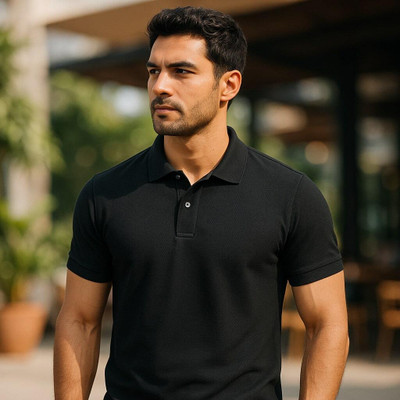 KASPY Solid Men Polo Neck Black T-Shirt