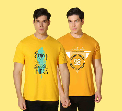 WOOSTRO Printed Men Round Neck Yellow T-Shirt