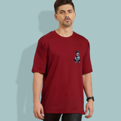 HouseOfCommon Printed Men Round Neck Maroon T-Shirt