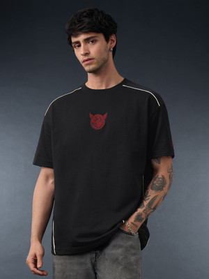 The Souled Store Embroidered Men Round Neck Black T-Shirt