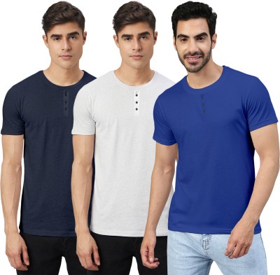 FTX Solid Men Round Neck Dark Blue, White, Blue T-Shirt