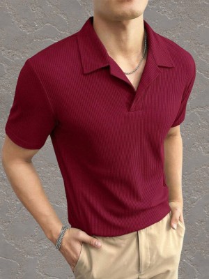 HouseOfCommon Solid Men Polo Neck Maroon T-Shirt