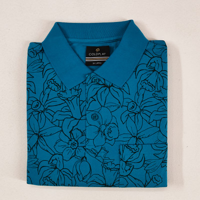 COLORTRAIT Printed Men Polo Neck Blue T-Shirt