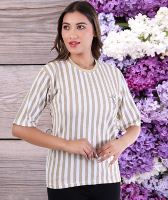 Marc Laurent Striped Women Round Neck Beige, White T-Shirt