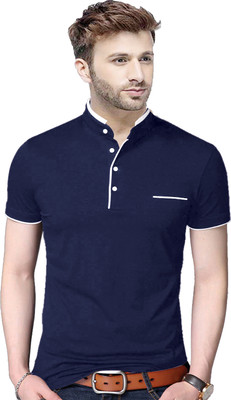 Reya Solid Men Mandarin Collar Blue T-Shirt