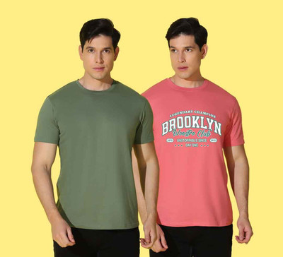 WOOSTRO Printed Men Round Neck Green, Pink T-Shirt