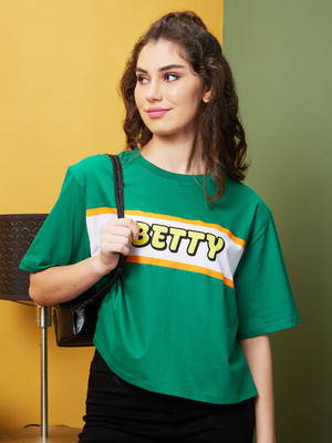 Globus Printed Women Round Neck Green T-Shirt