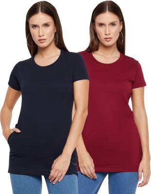 OKANE Solid Women Round Neck Red, Dark Blue T-Shirt