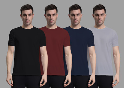 I&D Solid Men Round Neck Black, Maroon, Navy Blue, Grey T-Shirt