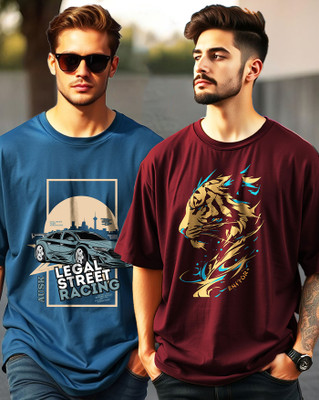 AOOSH Graphic Print Men Round Neck Maroon, Dark Blue T-Shirt