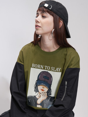 Tokyo Talkies Printed Women Round Neck Green T-Shirt