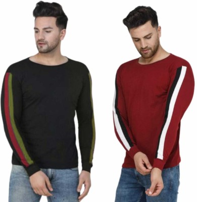 DAAWEAR OUTFITS Striped Men Round Neck Black, Maroon T-Shirt