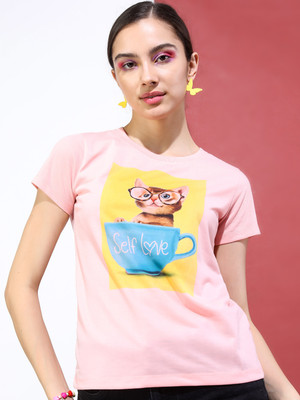 Tokyo Talkies Printed Women Round Neck Pink T-Shirt