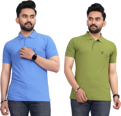 ELEGORY Solid Men Polo Neck Green, Light Blue T-Shirt