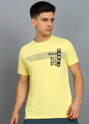 Adrenex Printed Men Round Neck Yellow T-Shirt
