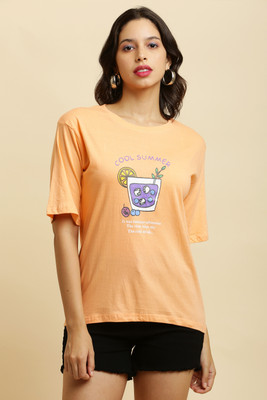 Purser Printed Women Round Neck Beige T-Shirt