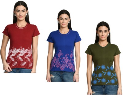 KAVYA Printed Women Round Neck Maroon, Blue, Green T-Shirt