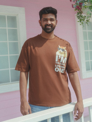 MANIAC Printed Men Round Neck Brown T-Shirt