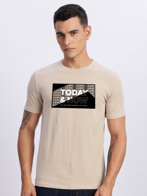 ADRO Typography Men Round Neck Beige T-Shirt
