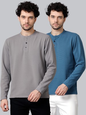 MADSTO Solid Men Henley Neck Grey, Blue T-Shirt