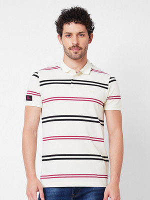 Spykar Striped Men Polo Neck White T-Shirt