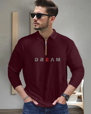 FastColors Self Design, Printed Men Polo Neck Maroon T-Shirt