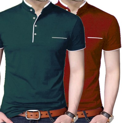 Style Pitara Solid Men Mandarin Collar Red, Green T-Shirt