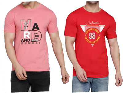 WOOSTRO Printed Men Round Neck Pink, Red T-Shirt