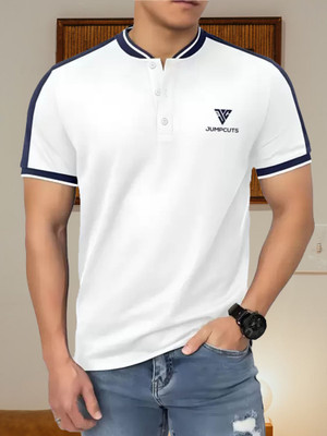Jump Cuts Colorblock Men High Neck White T-Shirt