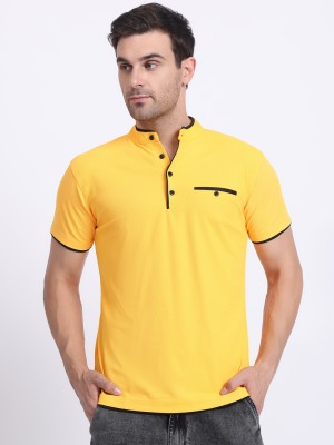 N AND J Solid Men Henley Neck Yellow T-Shirt