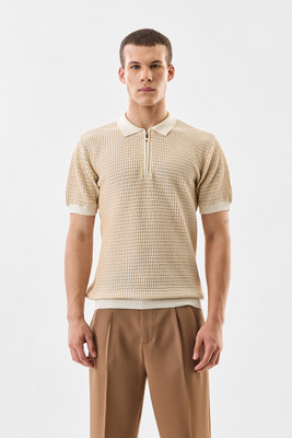 Snitch Self Design Men Polo Neck Beige T-Shirt