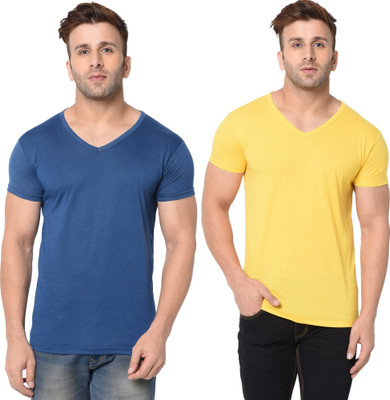 Tresna Fab Solid Men V Neck Dark Blue, Yellow T-Shirt