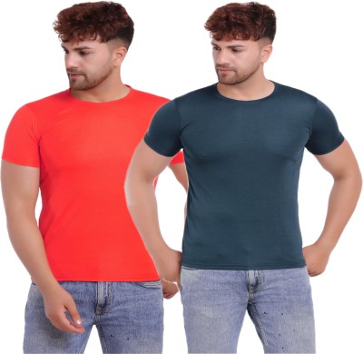 KASPY Solid Men Round Neck Dark Blue, Red T-Shirt