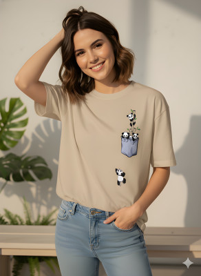 DRXXFIT Graphic Print, Solid Women Crew Neck Beige T-Shirt